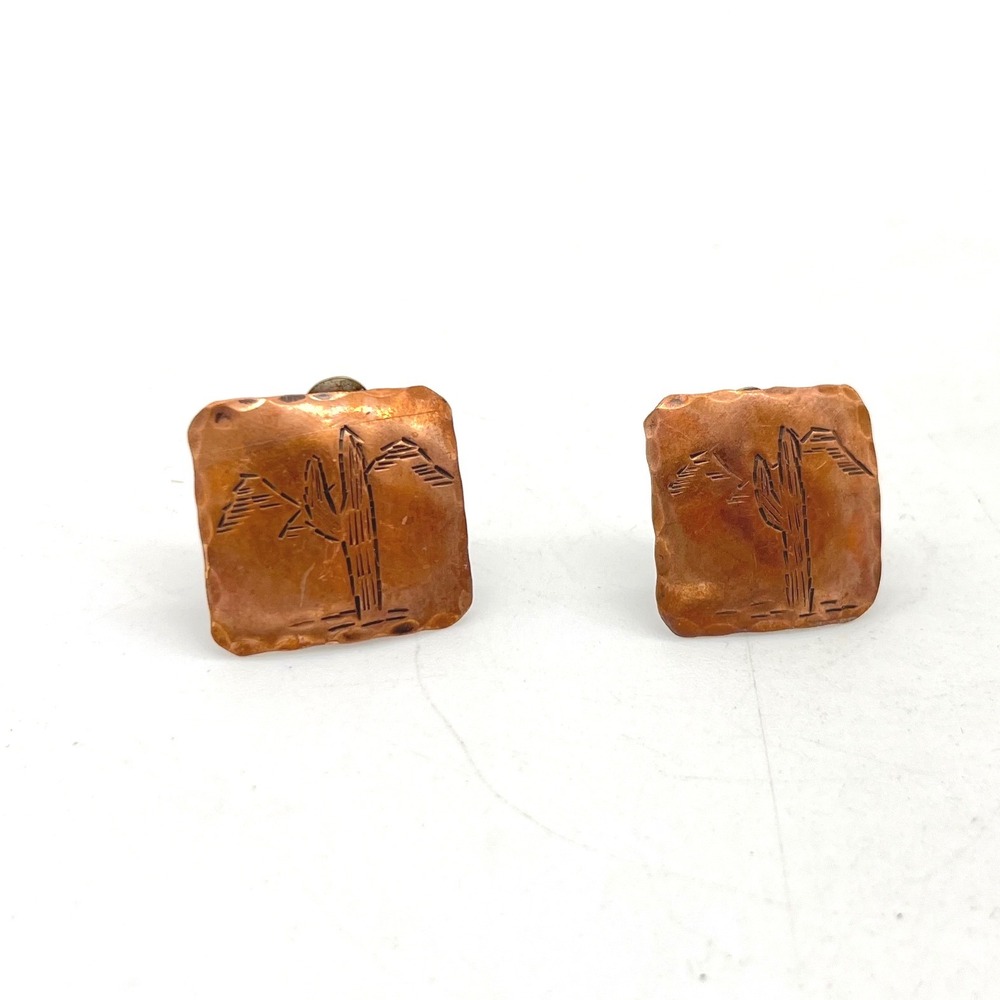 Vintage Copper Clip On Earrings Southwestern Saguaro Cactus Mountain Square Stud